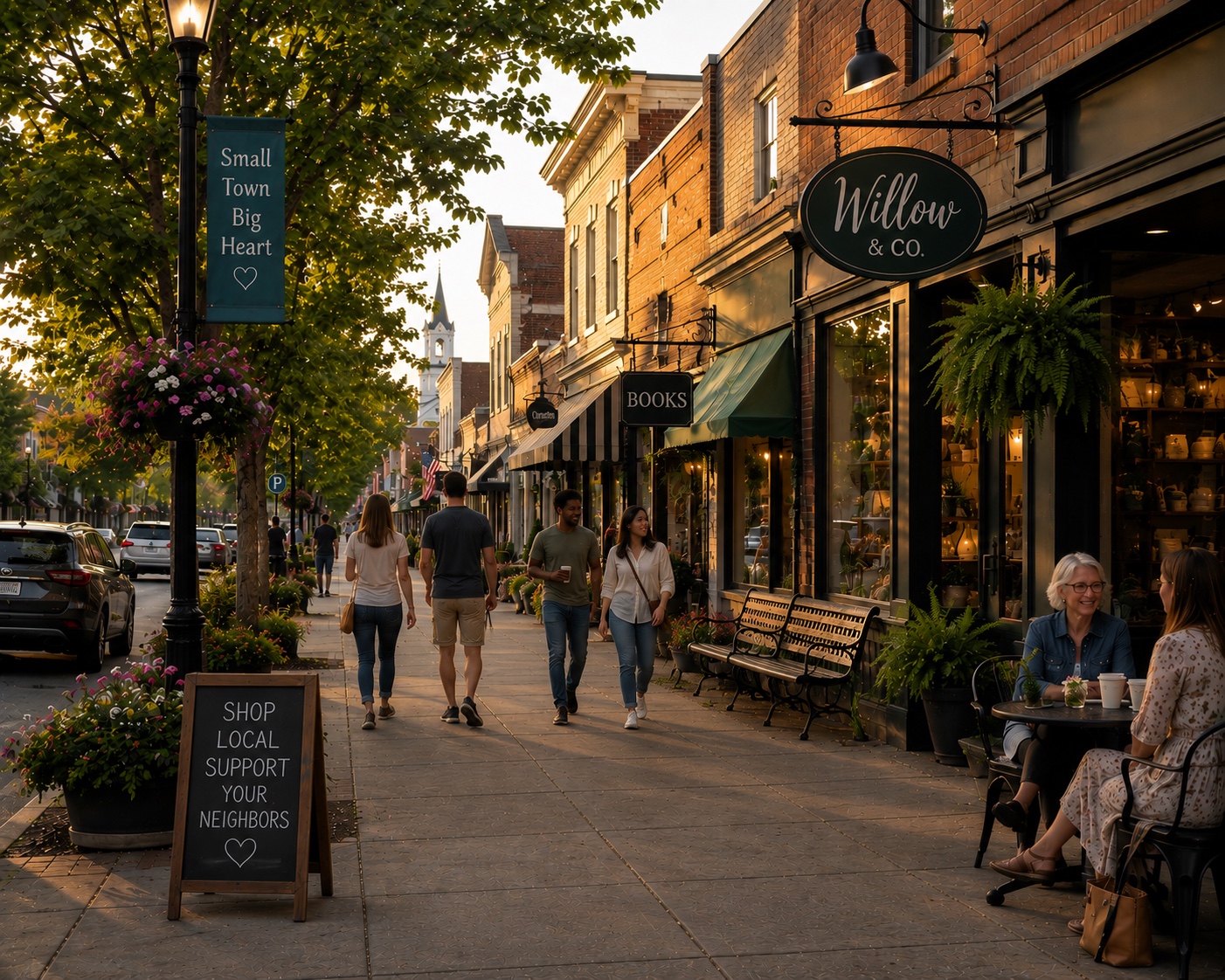 Neighbors walking and shopping downtown