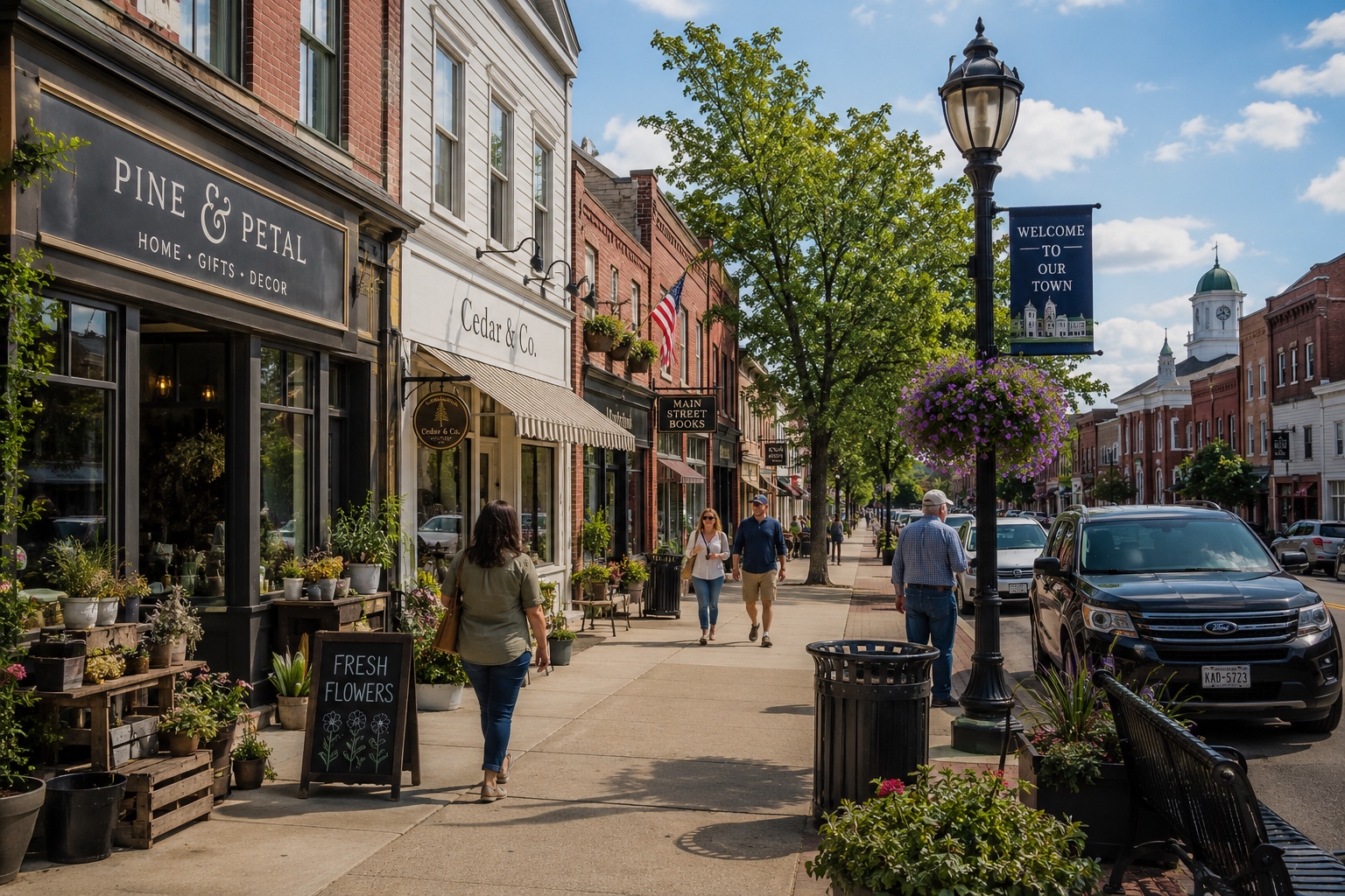 A welcoming downtown with local shops and outdoor seating